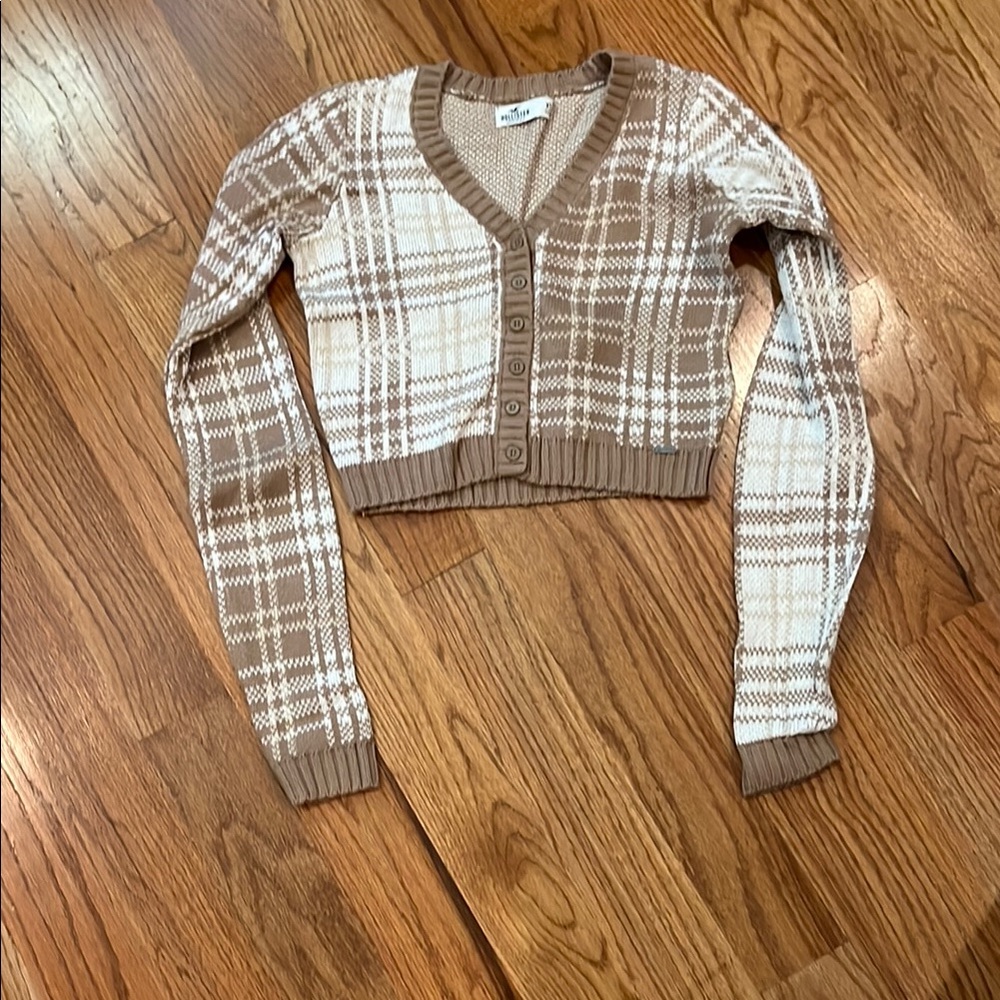 Hollister Brown and Cream Cropped Cardigan Sweater